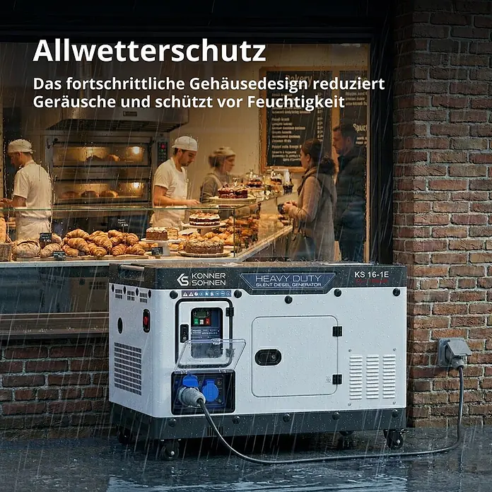 Könner & Söhnen Stromerzeuger KS 16-1E - Tankvolumen: 30 l - Weiß-schwarzer Dieselgenerator mit Allwetterschutz, draußen im Regen neben einer Bäckerei in Betrieb.