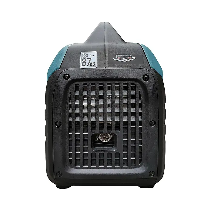 Könner & Söhnen Stromerzeuger KS 2100iG S - Nennleistung: 1,8 kW, Tankvolumen: 4 l - Rückansicht eines schwarz-türkisen tragbaren Generators mit großem Gitter und Sicherheitshinweisen.