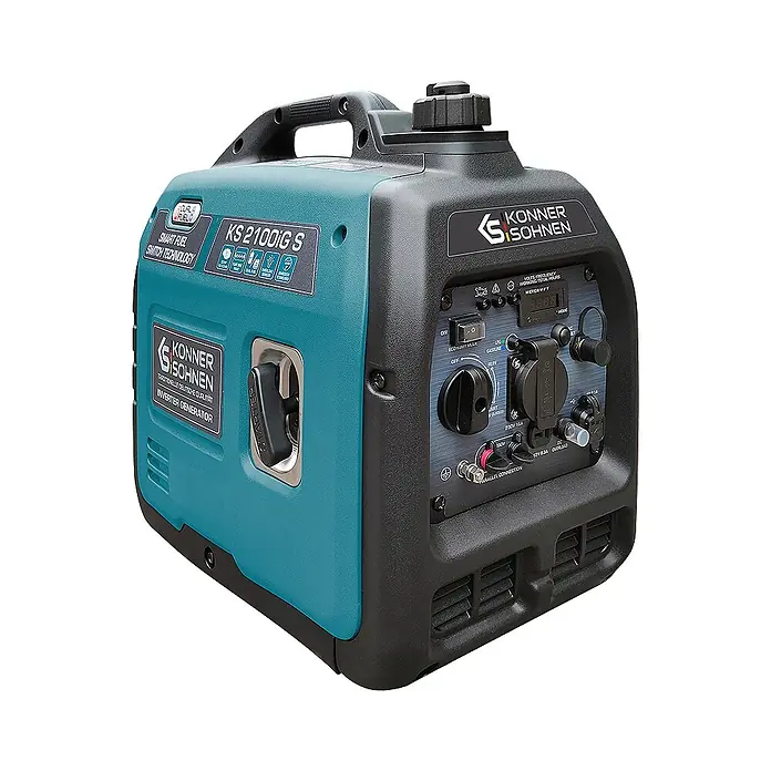 Könner & Söhnen Stromerzeuger KS 2100iG S - Nennleistung: 1,8 kW, Tankvolumen: 4 l - Tragbarer Konner & Sohnen Inverter-Generator in Türkis und Schwarz mit Bedienfeld, Steckdosen und Tragegriff.