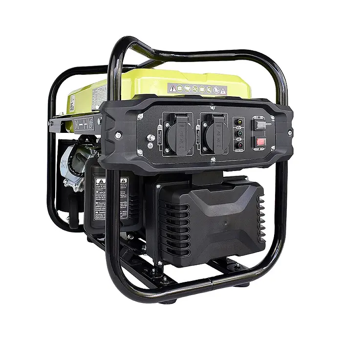 Könner & Söhnen Stromerzeuger KSB 21i - Nennleistung: 1,8 kW, Tankvolumen: 10 l - Tragbarer Generator mit schwarzem Rahmen, gelbem und schwarzem Gehäuse und Bedienfeld mit Steckdosen und Schaltern.