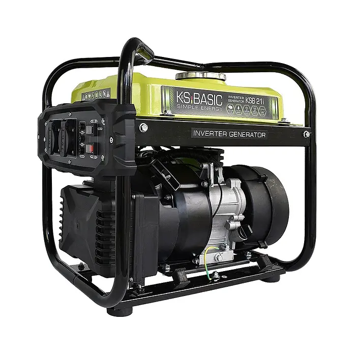 Könner & Söhnen Stromerzeuger KSB 21i - Nennleistung: 1,8 kW, Tankvolumen: 10 l - Ein kompakter, tragbarer Inverter-Generator mit schwarzem Rahmen, leuchtend lindgrünem Kraftstofftank und detailliertem schwarzem Bedienfeld.