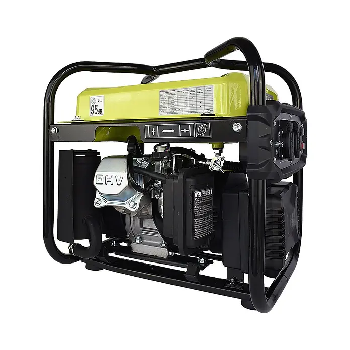 Könner & Söhnen Stromerzeuger KSB 21i - Nennleistung: 1,8 kW, Tankvolumen: 10 l - Tragbarer Generator mit schwarzem Schutzrahmen, lindgrünem Kraftstofftank und silberner OHV-Motorabdeckung.