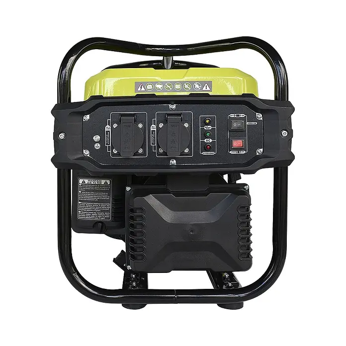 Könner & Söhnen Stromerzeuger KSB 21i - Nennleistung: 1,8 kW, Tankvolumen: 10 l - Schwarzer und gelber tragbarer Inverter-Generator mit Bedienfeld, Steckdosen, Schaltern und Anzeigen in einem Metallrahmen.