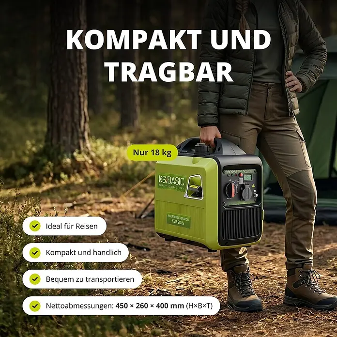 Könner & Söhnen Stromerzeuger KSB 20i S - Nennleistung: 1,8 kW, Tankvolumen: 4 l - Eine Person trägt einen kompakten, 18 kg schweren, grün-schwarzen Inverter-Stromerzeuger, ideal für Reisen und Outdoor.
