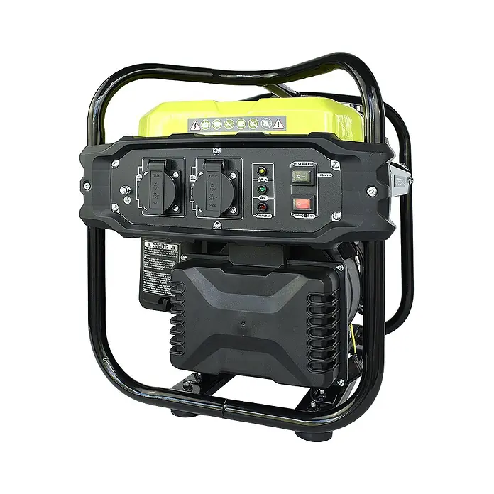 Könner & Söhnen Stromerzeuger KSB 21i - Nennleistung: 1,8 kW, Tankvolumen: 10 l - Tragbarer Generator mit schwarzem Rahmen, gelber Motorabdeckung und Bedienfeld mit Steckdosen, Schaltern und Kontrollleuchten.