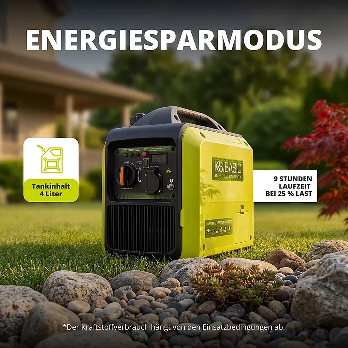 Könner & Söhnen Stromerzeuger KSB 20i S - Nennleistung: 1,8 kW, Tankvolumen: 4 l - Grüner und schwarzer KS BASIC Inverter-Stromerzeuger im Freien, sparsamen Energiebetrieb betonend.