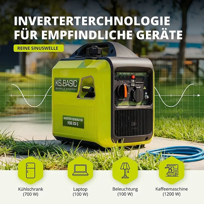 Könner & Söhnen Stromerzeuger KSB 20i S - Nennleistung: 1,8 kW, Tankvolumen: 4 l - Limettengrüner KS.Basic KSB 20i S Inverter-Generator, liefert reine Sinuswellenleistung für empfindliche Geräte.