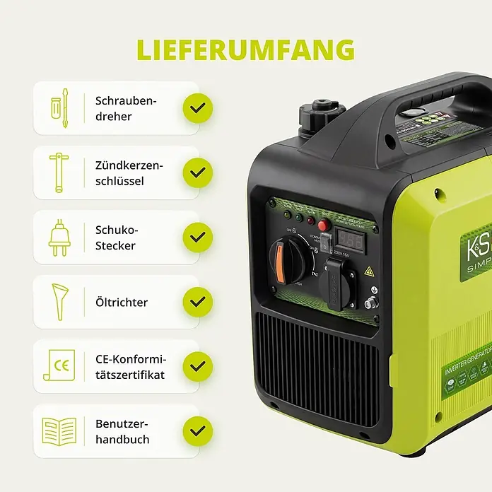 Könner & Söhnen Stromerzeuger KSB 20i S - Nennleistung: 1,8 kW, Tankvolumen: 4 l - Grüner und schwarzer Inverter-Generator mit Bedienfeld und Anzeige, daneben eine Liste des Zubehörs und der Dokumente.