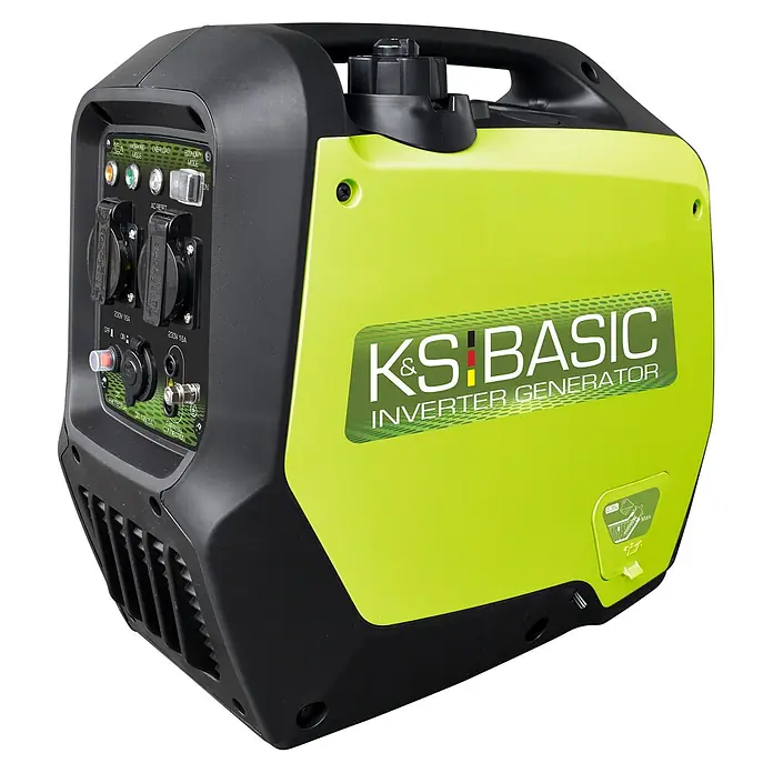 Könner & Söhnen Stromerzeuger KSB 21i S - Nennleistung: 1,8 kW, Tankvolumen: 4 l - Schwarzer und limettengrüner tragbarer Inverter-Generator mit Bedienfeld und Steckdosen.