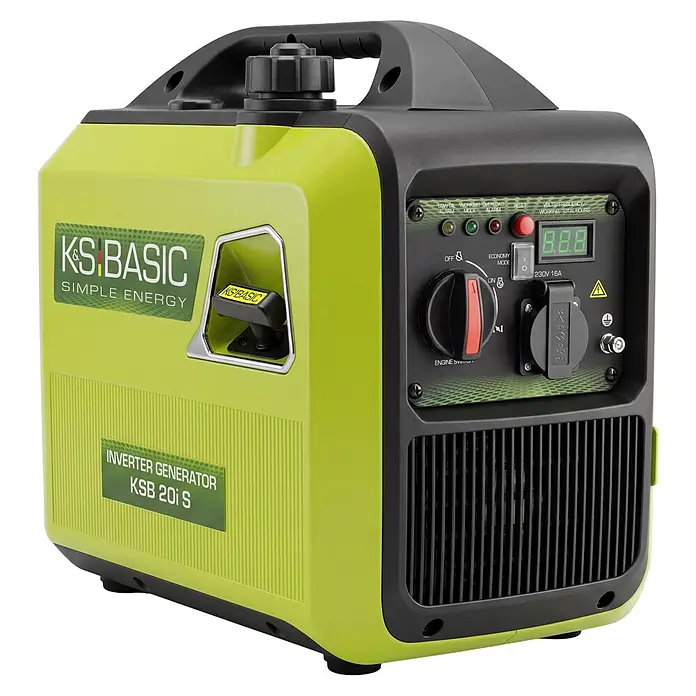 Könner & Söhnen Stromerzeuger KSB 20i S - Nennleistung: 1,8 kW, Tankvolumen: 4 l - Grün-schwarzer portabler Inverter-Generator mit Griff, Bedienfeld, Digitalanzeige und Steckdose.