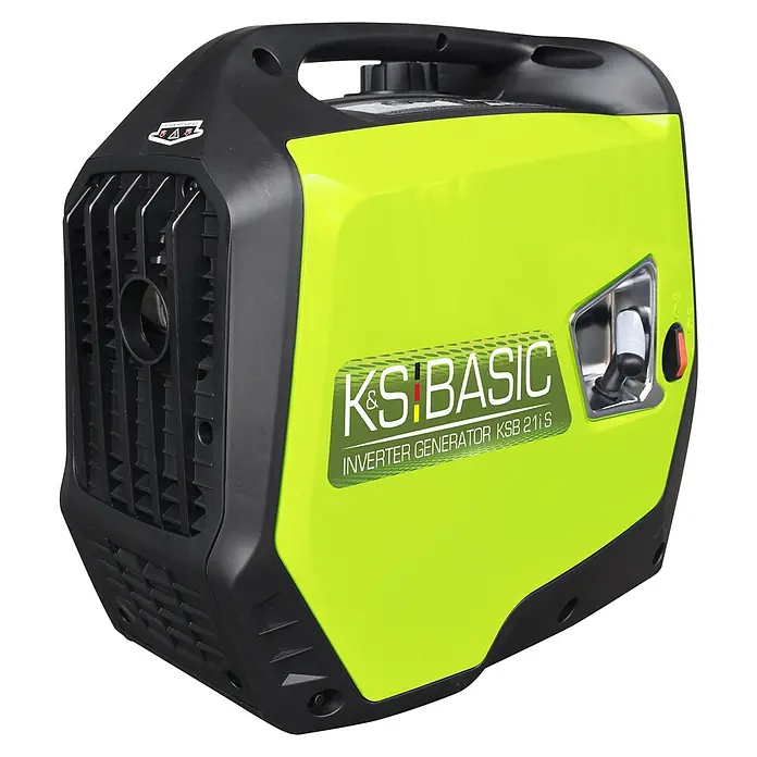 Könner & Söhnen Stromerzeuger KSB 21i S - Nennleistung: 1,8 kW, Tankvolumen: 4 l - Leuchtend grüner und schwarzer portabler Inverter-Generator mit Tragegriff und seitlichen Lüftungsgittern.