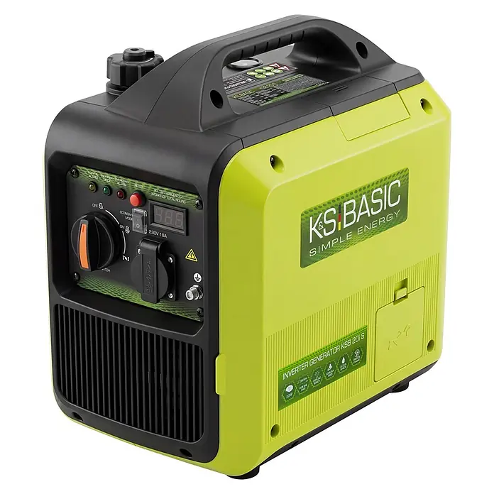 Könner & Söhnen Stromerzeuger KSB 20i S - Nennleistung: 1,8 kW, Tankvolumen: 4 l - Ein limettengrüner und schwarzer tragbarer Inverter-Generator mit Bedienfeld und Griff, Marke 'KS Basic'.