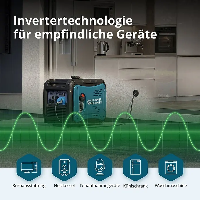 Könner & Söhnen Stromerzeuger KS 6000iE S - Nennleistung: 5 kW, Tankvolumen: 14,5 l - Teal und schwarzer Inverter-Generator liefert stabilen Strom für empfindliche Geräte wie Haushaltsgeräte und Büroausstattung.