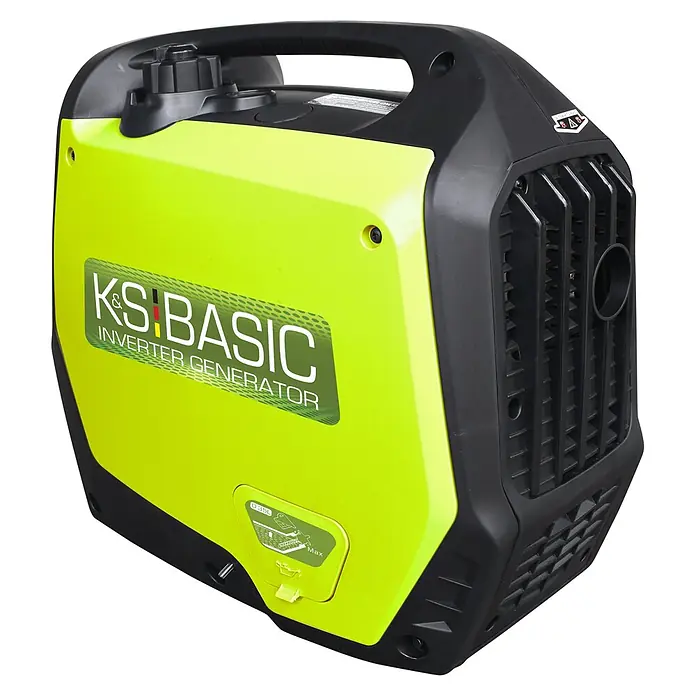 Könner & Söhnen Stromerzeuger KSB 21i S - Nennleistung: 1,8 kW, Tankvolumen: 4 l - Kompakter limettengrüner und schwarzer Inverter-Generator mit Tragegriff, seitlichem Gitter und 'K&S BASIC' Logo.