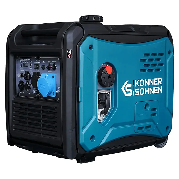 Könner & Söhnen Stromerzeuger KS 6000iE S - Nennleistung: 5 kW, Tankvolumen: 14,5 l - Schwarzer und teal tragbarer Inverter-Generator mit Bedienfeld und Tragegriff.