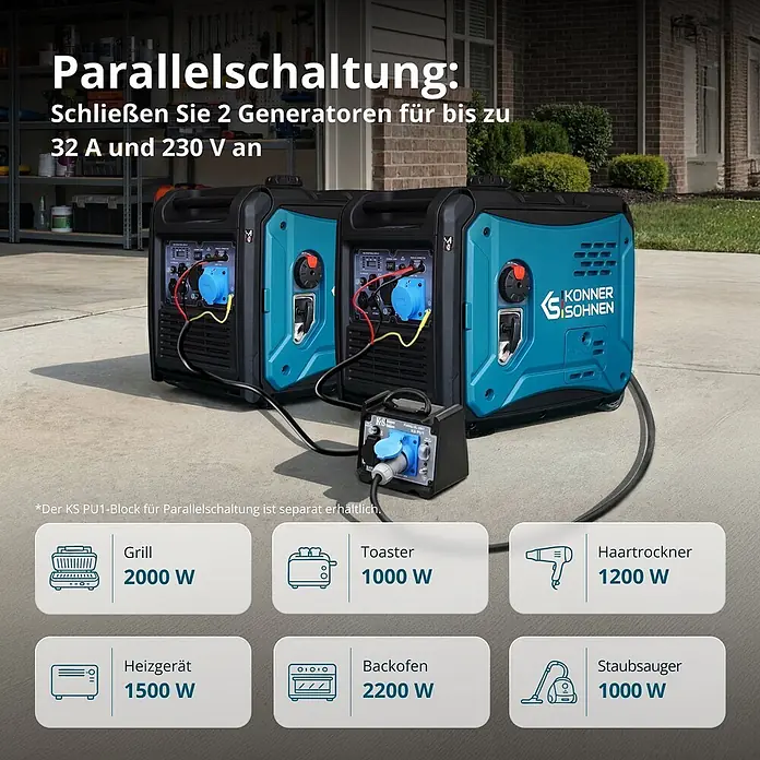 Könner & Söhnen Stromerzeuger KS 6000iE S - Nennleistung: 5 kW, Tankvolumen: 14,5 l - Zwei blaue und schwarze Inverter-Generatoren parallel geschaltet für bis zu 32A/230V, ideal für Haushaltgeräte.