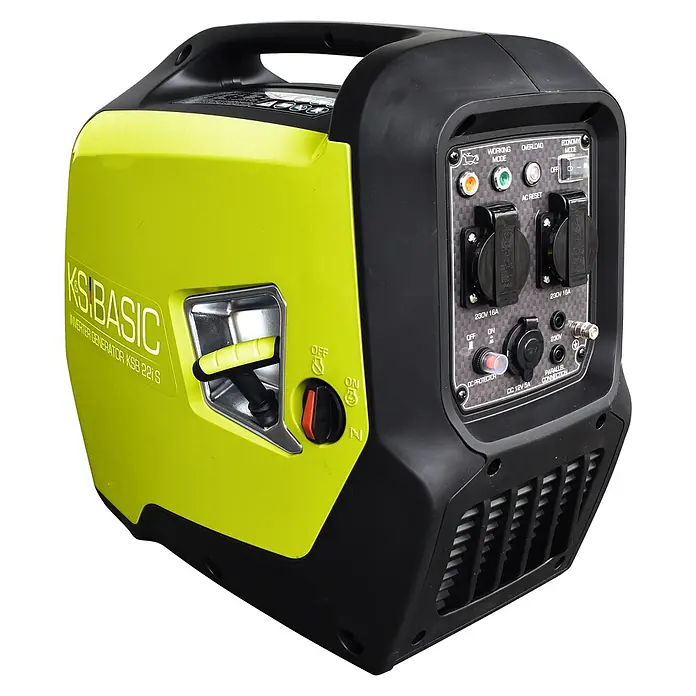 Könner & Söhnen Stromerzeuger KSB 21i S - Nennleistung: 1,8 kW, Tankvolumen: 4 l - Limettengrüner und schwarzer Inverter-Stromerzeuger mit Tragegriff und Bedienfeld mit zwei 230V-Steckdosen, Anzeigen und Schaltern.