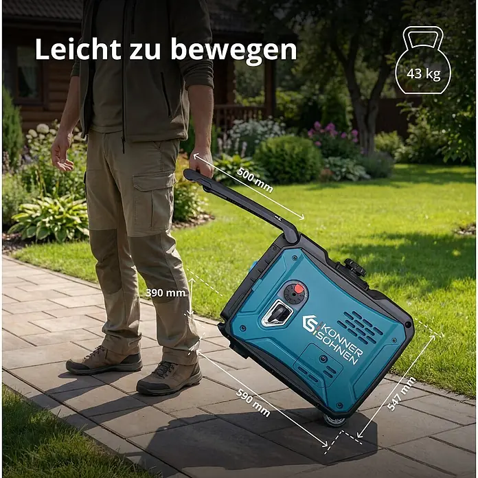 Könner & Söhnen Stromerzeuger KS 6000iE S - Nennleistung: 5 kW, Tankvolumen: 14,5 l - Person zieht 43kg blauschwarzen tragbaren Generator mit Rädern und ausziehbarem Griff. Zeigt leichte Mobilität. Maße: 590x547x390mm.