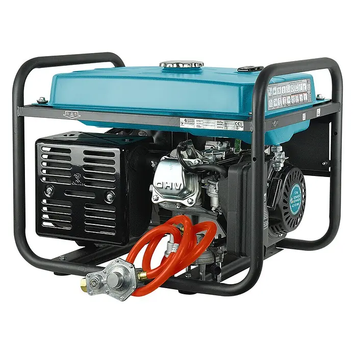 Könner & Söhnen Stromerzeuger KS 5000E G - Nennleistung: 4 kW, Tankvolumen: 25 l - Ein tragbarer Generator mit blauem Kraftstofftank, schwarzem Rahmen und einem orangefarbenen Gasschlauch mit Regler.