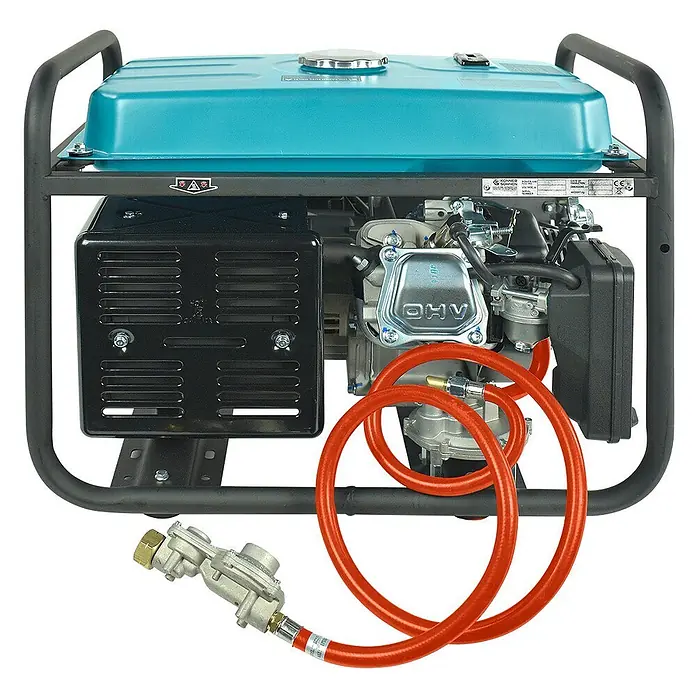 Könner & Söhnen Stromerzeuger KS 5000E G - Nennleistung: 4 kW, Tankvolumen: 25 l - Tragbarer Gasgenerator mit türkisfarbenem Tank, schwarzem Rahmen und orangem Propan-/Erdgas-Umrüstschlauch mit Regler.