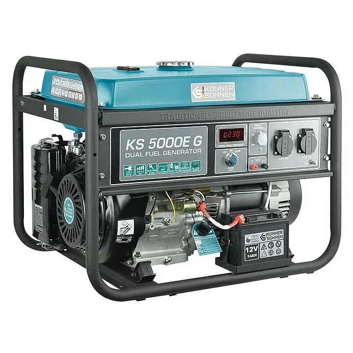 Könner & Söhnen Stromerzeuger KS 5000E G - Nennleistung: 4 kW, Tankvolumen: 25 l - Blauer und schwarzer Dual-Fuel-Generator mit Metallrahmen.
