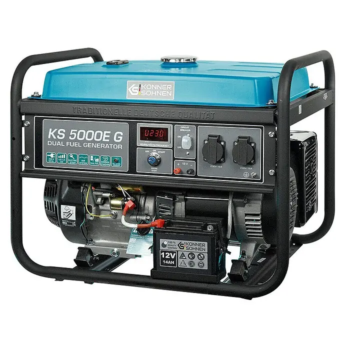 Könner & Söhnen Stromerzeuger KS 5000E G - Nennleistung: 4 kW, Tankvolumen: 25 l - Blau-schwarzer Dual-Fuel-Generator mit Bedienfeld und mehreren Steckdosen.