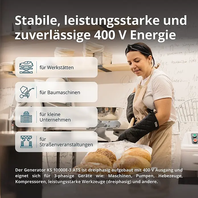 Könner & Söhnen Stromerzeuger KS 10000E-3 ATS - Nennleistung: 7,5 kW, Tankvolumen: 25 l - Werbung für einen stabilen, leistungsstarken, zuverlässigen 400V 3-Phasen-Generator für Werkstätten, Bau, Unternehmen und Veranstaltungen.