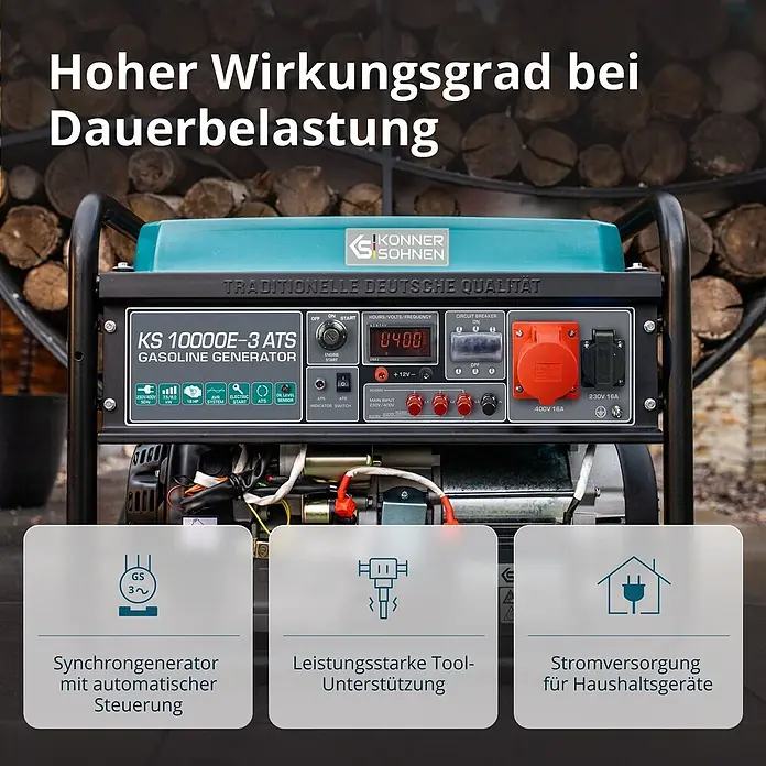Könner & Söhnen Stromerzeuger KS 10000E-3 ATS - Nennleistung: 7,5 kW, Tankvolumen: 25 l - Ein blau-schwarzer Benzingenerator mit Bedienfeld, für hohe Effizienz und Stromversorgung von Werkzeugen und Haushaltsgeräten.