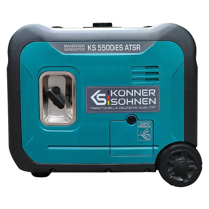 Könner & Söhnen Stromerzeuger KS 5500iE S ATSR - Nennleistung: 5 kW, Tankvolumen: 13,5 l - Türkiser und schwarzer Könner & Söhnen Inverter-Generator KS 5500iES ATSR mit Rädern und Seilzugstarter.