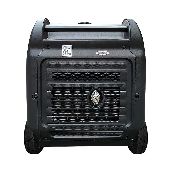 Könner & Söhnen Stromerzeuger KS 5500iE S ATSR - Nennleistung: 5 kW, Tankvolumen: 13,5 l - Rückansicht eines schwarzen tragbaren Generators mit Griff, Rädern, Lüftungsgittern und einem Rundstecker. LWA 91 dB Etikett sichtbar.