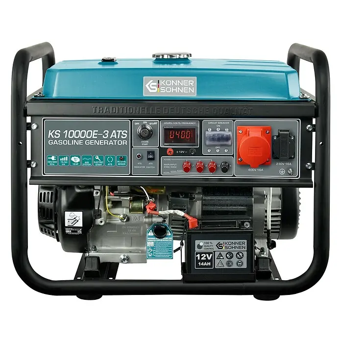 Könner & Söhnen Stromerzeuger KS 10000E-3 ATS - Nennleistung: 7,5 kW, Tankvolumen: 25 l - Könner & Söhnen KS 10000E-3 ATS Benzingenerator mit blauem Tank und schwarzem Rahmen. Mit E-Start, ATS und verschiedenen Stromanschlüssen.