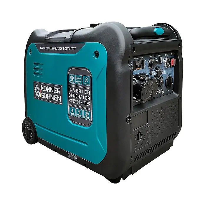 Könner & Söhnen Stromerzeuger KS 5500iE S ATSR - Nennleistung: 5 kW, Tankvolumen: 13,5 l - Könner & Söhnen KS 5500iES ATSR Inverter-Generator in Türkis und Schwarz, mit Rädern und Bedienfeld mit Steckdosen und Display.