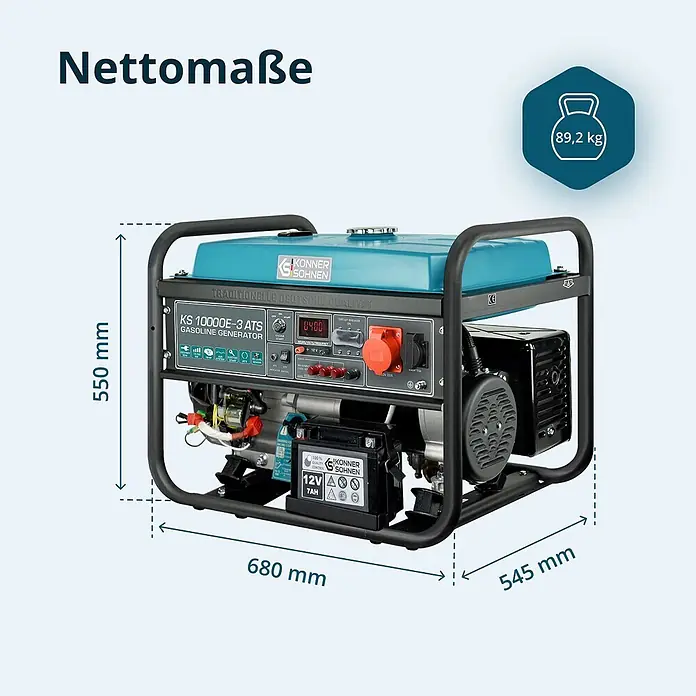 Könner & Söhnen Stromerzeuger KS 10000E-3 ATS - Nennleistung: 7,5 kW, Tankvolumen: 25 l - Blauer und schwarzer Benzingenerator, 550x680x545mm, Gewicht 89,2 kg.