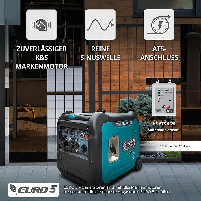 Könner & Söhnen Stromerzeuger KS 5500iE S ATSR - Nennleistung: 5 kW, Tankvolumen: 13,5 l - Ein schwarz-türkiser Konner & Sohnen KS 5500iES ATSR Inverter-Generator mit ATS-Einheit im Freien, der seine zuverlässige Leistung hervorhebt.