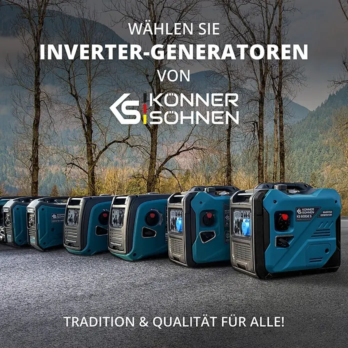 Könner & Söhnen Stromerzeuger KS 5500iE S ATSR - Nennleistung: 5 kW, Tankvolumen: 13,5 l - Türkis-schwarze Inverter-Generatoren von Könner & Söhnen, draußen aufgereiht.
