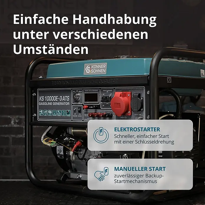 Könner & Söhnen Stromerzeuger KS 10000E-3 ATS - Nennleistung: 7,5 kW, Tankvolumen: 25 l - Türkisfarbener und schwarzer Benzingenerator mit Elektro- und Handstart, der einfache Bedienung hervorhebt.
