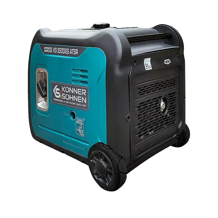 Könner & Söhnen Stromerzeuger KS 5500iE S ATSR - Nennleistung: 5 kW, Tankvolumen: 13,5 l - Türkis-schwarzer Konner & Söhnen Inverter-Generator, Modell KS 5500iES ATSR, mit Rädern und Griff.
