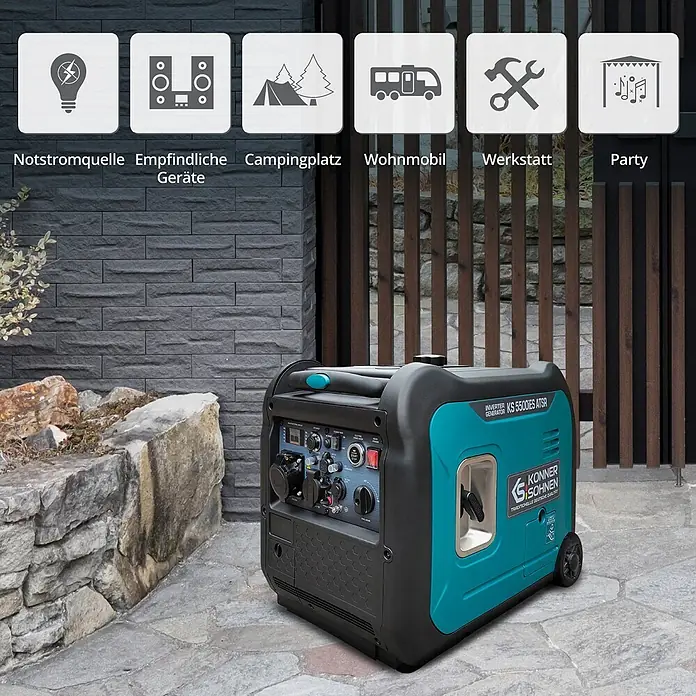 Könner & Söhnen Stromerzeuger KS 5500iE S ATSR - Nennleistung: 5 kW, Tankvolumen: 13,5 l - Türkis-schwarzer Inverter-Stromerzeuger im Freien, mit Nutzungsikonen für Notstrom, Camping und Werkstatt.
