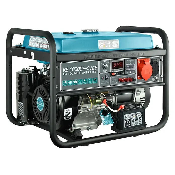 Könner & Söhnen Stromerzeuger KS 10000E-3 ATS - Nennleistung: 7,5 kW, Tankvolumen: 25 l - Könner & Söhnen KS 10000E-3 ATS Benzingenerator mit blauem Tank, schwarzem Rahmen, grauem Motor, Steuerfeld und Steckdosen.