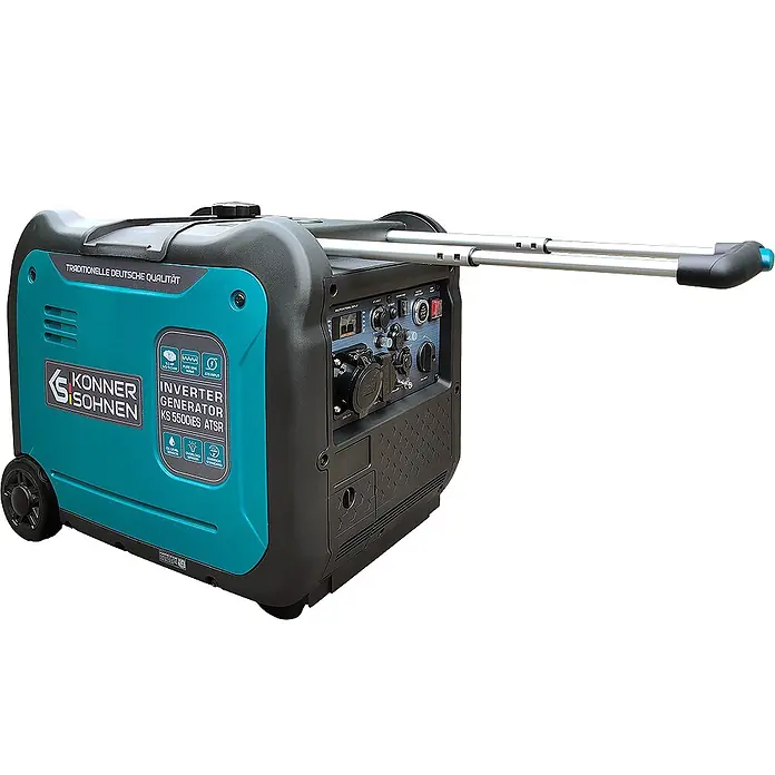 Könner & Söhnen Stromerzeuger KS 5500iE S ATSR - Nennleistung: 5 kW, Tankvolumen: 13,5 l - Türkis-schwarzer KS 5500IES ATSR Inverter-Generator mit Rädern und ausziehbarem Griff.