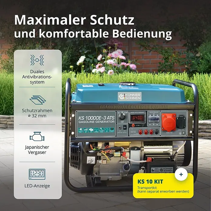 Könner & Söhnen Stromerzeuger KS 10000E-3 ATS - Nennleistung: 7,5 kW, Tankvolumen: 25 l - Blauer Konner & Sohnen KS 10000E-3 ATS Benzingenerator mit schwarzem Rahmen, LED-Anzeige und Transportkit-Option, im Außenbereich.