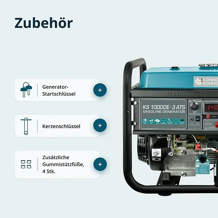 Könner & Söhnen Stromerzeuger KS 10000E-3 ATS - Nennleistung: 7,5 kW, Tankvolumen: 25 l - Blauer und schwarzer Benzingenerator (Könner & Söhnen KS 10000E-3 ATS) mit den aufgelisteten Zubehörteilen: Generator-Startschlüssel, Kerzenschlüssel und Gummistützfüße.