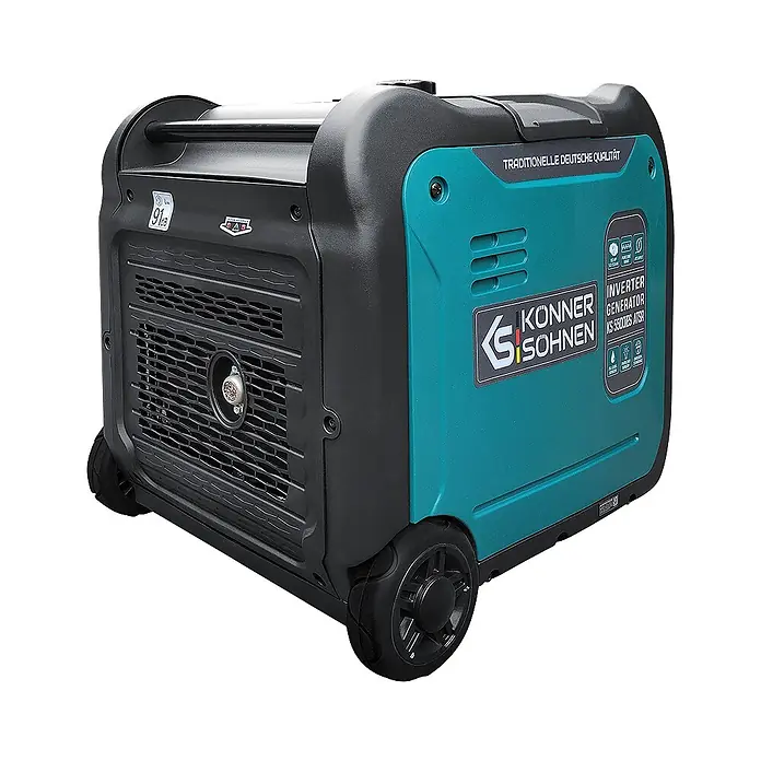 Könner & Söhnen Stromerzeuger KS 5500iE S ATSR - Nennleistung: 5 kW, Tankvolumen: 13,5 l - Tragbarer schwarzer und türkisfarbener Konner & Sohnen Inverter-Generator mit Rädern, Griff und Lüftungsgittern.