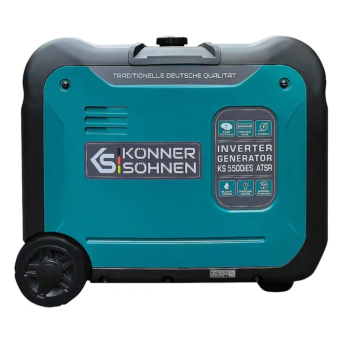 Könner & Söhnen Stromerzeuger KS 5500iE S ATSR - Nennleistung: 5 kW, Tankvolumen: 13,5 l - Türkis-schwarzer, tragbarer Inverter-Generator mit Rollen, Griff und „KÖNNER & SÖHNEN KS 5500IES ATSR“ Beschriftung.