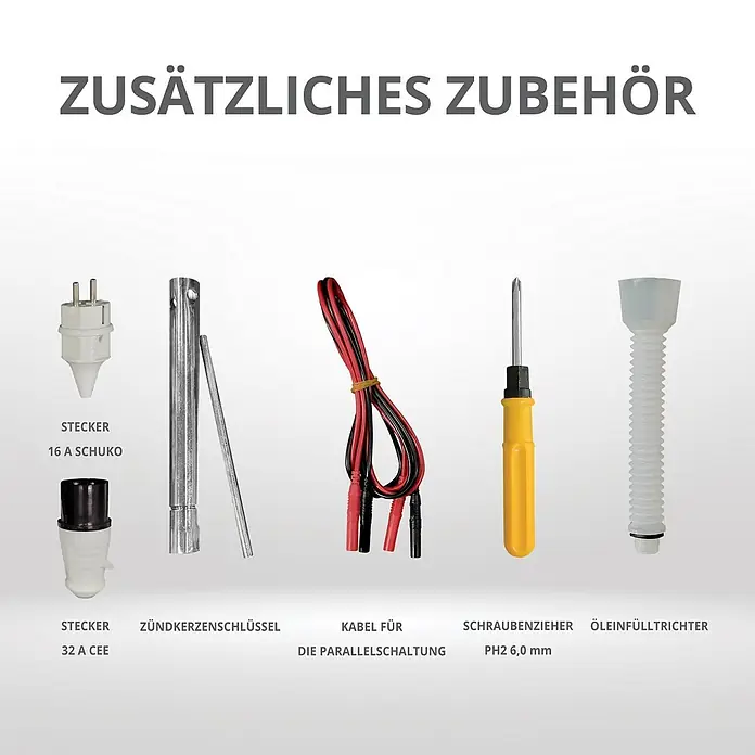 Könner & Söhnen Stromerzeuger KS 5500iE S ATSR - Nennleistung: 5 kW, Tankvolumen: 13,5 l - Verschiedenes Zubehör: Schuko- und CEE-Stecker, Zündkerzenschlüssel, Parallelkabel, Schraubendreher und Öleinfülltrichter.