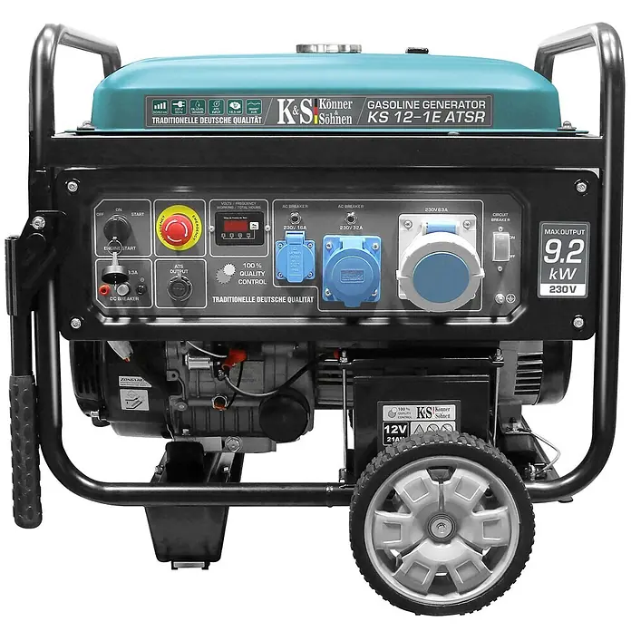 Könner & Söhnen Stromerzeuger KS 12-1E ATSR - Nennleistung: 9 kW, Tankvolumen: 55 l - Könner & Söhnen KS 12-1E ATSR Benzingenerator mit schwarzem Rahmen, türkisfarbenem Tank, 9,2 kW Leistung und mehreren Steckdosen.