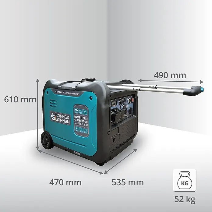 Könner & Söhnen Stromerzeuger KS 5500iE S ATSR - Nennleistung: 5 kW, Tankvolumen: 13,5 l - Türkisfarbener und schwarzer Inverter-Generator mit angezeigten Maßen und 52 kg Gewicht.