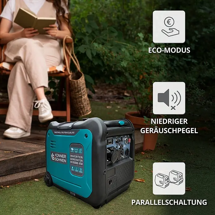 Könner & Söhnen Stromerzeuger KS 5500iE S ATSR - Nennleistung: 5 kW, Tankvolumen: 13,5 l - Türkis-schwarzer Inverter-Generator KS 5500iES ATSR von Konner & Sohnen im Garten, mit Hinweisen auf Eco-Modus, leisen Betrieb und Parallelschaltung.