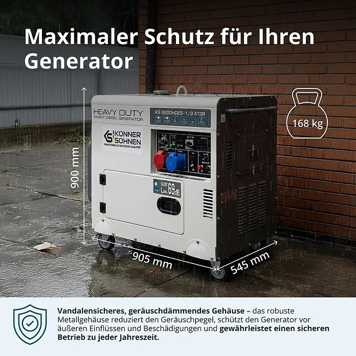 Könner & Söhnen Stromerzeuger KS 9200HDES-1/3 ATSR - Tankvolumen: 20 l - Weißer und dunkelgrauer Könner & Söhnen Silent Diesel Generator (900x905x545mm, 168kg) mit schallgedämmtem Metallgehäuse für Ganzjahresschutz.