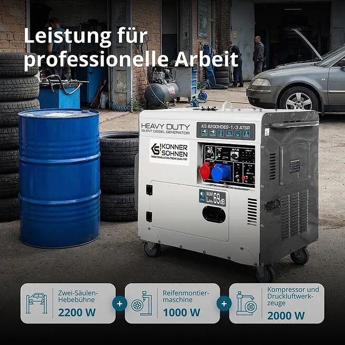 Könner & Söhnen Stromerzeuger KS 9200HDES-1/3 ATSR - Tankvolumen: 20 l - Weiß-grauer leiser Dieselgenerator in einer Werkstatt, der professionelle Werkzeuge wie Hebebühnen, Reifenmontiergeräte und Kompressoren antreibt.
